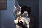  2014 amber_eyes anthro breast_grab breasts canine duo female fox gorsh_dolderan hybrid male mammal nipples smile straight 