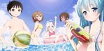  4girls ahoge antenna_hair bad_id bad_pixiv_id ball barefoot beachball bikini black_eyes black_hair blue_eyes blue_hair blush braid brown_eyes brown_hair cloud day denpa_onna_to_seishun_otoko eventh7 feet hair_ornament highres hoshimiya_yashiro long_hair maekawa mifune_ryuuko multiple_girls niwa_makoto outdoors short_hair side-tie_bikini sky smile soles swimsuit toes touwa_erio water water_gun white_hair 