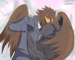  anthro avian beak blush clothing eyes_closed gryphon hug scar twstacker wings yellow_eyes 