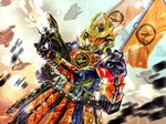  armor banner belt boris_(noborhys) facial_hair gun highres kamen_rider kamen_rider_gaim kamen_rider_gaim_(series) kurokage_trooper lock_seed mask mustache sashimono solo_focus weapon 