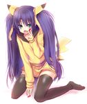  animal_ears blue_eyes cosplay gen_1_pokemon hood hoodie kneeling little_busters! long_hair masayu pikachu pikachu_(cosplay) pokemon purple_hair sasasegawa_sasami solo tail thighhighs twintails 