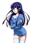  aoki_reika bare_shoulders blue_eyes blue_hair blue_legwear blush hair_ornament hairclip long_hair looking_at_viewer naked_sweater open_mouth precure simple_background smile_precure! solo sweater thighhighs wauwa white_background 
