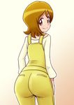  1girl ass bakusai brown_eyes brown_hair female from_behind happinesscharge_precure! looking_back oomori_yuuko overalls precure short_hair smile solo 