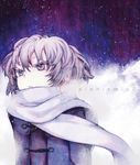  arm_at_side bangs closed_mouth coat colored_eyelashes english hair_between_eyes jacket long_sleeves looking_away red_eyes scarf short_hair snowing solo taguchi_shouichi upper_body white_hair white_scarf wind 