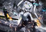  aircraft airplane battle bodysuit can cape gloves glowing glowing_eyes hat henet_hene kantai_collection long_hair ocean open_mouth pale_skin shinkaisei-kan silver_hair solo weapon wo-class_aircraft_carrier yellow_eyes 