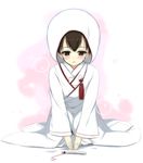  alternate_costume blush brown_eyes brown_hair fan folding_fan haru_(matatabi_sanjou) hood japanese_clothes kaga_(kantai_collection) kantai_collection kimono seiza short_hair sitting smile solo uchikake 