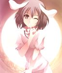  animal_ears black_hair bunny_ears finger_to_mouth highres inaba_tewi kotaroukuroo looking_at_viewer one_eye_closed red_eyes shirt short_hair short_sleeves skirt solo touhou 