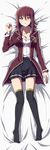  alternate_hairstyle blush breasts brown_eyes cleavage dakimakura full_body izayoi_aki legs long_hair looking_at_viewer lying medium_breasts on_back rariemonn red_hair school_uniform solo thighhighs yuu-gi-ou yuu-gi-ou_5d's 