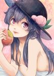  apple blue_hair food fruit hat hinanawi_tenshi lips long_hair looking_at_viewer lying meiji_(charisma_serve) nude on_stomach peach red_eyes smile solo touhou very_long_hair 