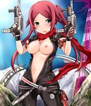  bad_id bad_pixiv_id blush breasts cleavage dual_wielding earrings extended_magazine fingerless_gloves gloves green_eyes gun highres holding jewelry looking_at_viewer medium_breasts navel necklace nipples no_bra ol_blink_(pso2) open_mouth phantasy_star phantasy_star_online_2 red_hair scarf smile solo twintails unzipped vertical_foregrip weapon yoshimo 