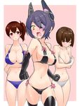  bikini black_bikini black_gloves black_legwear blue_bikini blush bow breast_hold breasts brown_eyes brown_hair cleavage crossed_arms elbow_gloves embarrassed eyepatch frown full-face_blush gloves grey_bikini headgear hyuuga_(kantai_collection) kaga_(kantai_collection) kantai_collection large_breasts midriff multiple_girls one_eye_closed open_mouth pink_bow purple_hair short_hair side_ponytail skindentation sweat sweatdrop swimsuit tenryuu_(kantai_collection) thighhighs ueda_torini wince yellow_eyes 