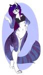  aimi anthro blue_fur bottomless chest_tuft clothing facial_piercing feline female fur hair long_hair mammal nose_piercing nose_ring piercing purple_fur solo stripes tuft white_fur 