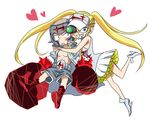  1girl ankle_boots ball blonde_hair blush boots boxing_gloves boxing_headgear chibi couple fukuroda_takaharu green_eyes hakodate_omiko heart height_difference hetero hug jacket kill_la_kill open_clothes open_jacket sharp_teeth shorts skirt sunano_sasori teeth tennis_ball twintails visor_cap 