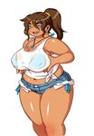  1girl blue_eyes breasts brown_hair dark_skin earrings huge_breasts jewelry kjmvideo plump ponytail 