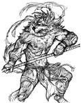  &#12456;&#12531;&#12508;&#12473; ???? anthro biceps braids canine chest_tuft fur kemono loincloth male mammal monochrome muscles pecs polearm pose sketch solo spear standing topless tuft wolf 
