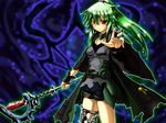  alternate_color alternate_costume bike_shorts blush breasts collar dark_persona duel_monster green_hair hair_ornament jacket jewelry long_hair looking_at_viewer medium_breasts omega_na_hito pendant ponytail red_eyes solo staff torn_clothes winda_priestess_of_gusto yuu-gi-ou 