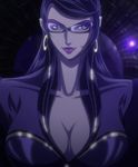  1girl bayonetta bayonetta:_bloody_fate bayonetta_(character) black_hair breasts earrings glasses highres jewelry large_breasts long_hair screencap smile solo stitched 