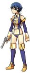  alternate_costume blue_hair breasts detached_leggings detached_sleeves gun handgun high-cut_armor kataro kneehighs medium_breasts navel persona persona_4 persona_4_the_golden pistol revolver shirogane_naoto short_hair solo suspenders trigger_discipline weapon 