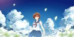  brown_hair clouds flowers miyanaga_saki petals red_eyes saki seifuku short_hair sky yuuri_(asterisk) 