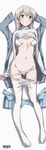  :d absurdres ass_visible_through_thighs blush bra breasts dakimakura eila_ilmatar_juutilainen full_body grey_hair grin highres kurashima_tomoyasu legs navel official_art open_bra open_clothes open_mouth open_shirt panties panty_pull pantyhose pantyhose_pull purple_eyes shirt shirt_lift small_breasts smile solo strike_witches underwear undressing white_bra white_legwear white_panties world_witches_series 