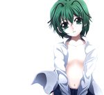  antennae blouse green_eyes green_hair kotaroukuroo looking_at_viewer open_blouse open_clothes open_mouth open_shirt shirt short_hair simple_background solo touhou white_background wriggle_nightbug 