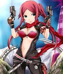  bad_id bad_pixiv_id bow bow_bra bra breasts cleavage dual_wielding green_eyes gun highres holding looking_at_viewer medium_breasts navel ol_blink_(pso2) phantasy_star phantasy_star_online_2 red_bra red_hair scarf smile solo twintails underwear unzipped weapon yoshimo 