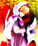  blonde_hair colorful crossed_arms highres hood kotaroukuroo long_sleeves moriya_suwako shirt skirt smile solo touhou 