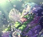  air_bubble blue_eyes blue_hair bubble commentary_request curly_hair expressionless frills head_fins highres japanese_clothes kimono long_sleeves mermaid monster_girl obi sash shinigami_(pixiv4727902) solo touhou underwater wakasagihime wide_sleeves 