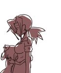  bun_cover carol_(skullgirls) commentary height_difference hug monochrome multiple_girls nyoro_mutou painwheel_(skullgirls) ponytail skullgirls valentine_(skullgirls) 