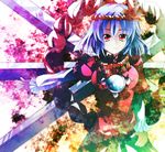  blue_hair colorful hair_ornament kotaroukuroo leaf leaf_on_head long_sleeves looking_at_viewer mirror onbashira outstretched_arm red_eyes rope shimenawa shirt short_hair skirt smile solo touhou yasaka_kanako 