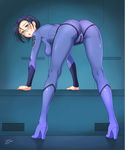  :o ass bent_over blue_hair blush bodysuit breasts ether from_behind glasses hair_ornament hairclip hanging_breasts high_heels large_breasts looking_back niimi_kaoru short_hair solo uchuu_senkan_yamato uchuu_senkan_yamato_2199 yellow_eyes 