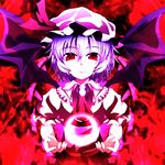  ascot bat_wings bow colorful hat hat_bow highres kotaroukuroo lavender_hair looking_at_viewer mob_cap puffy_sleeves red red_eyes remilia_scarlet shirt short_sleeves smile solo touhou wings 