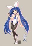  animal_ears bare_shoulders black_legwear blue_eyes blue_hair blush bunny_ears bunny_girl bunny_tail bunnysuit detached_collar full_body katahira_masashi long_hair looking_at_viewer original pantyhose simple_background smile solo tail tools twintails very_long_hair wrist_cuffs 