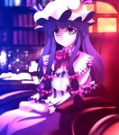  bow capelet chair colorful hair_bow hair_ornament hat highres kotaroukuroo long_hair long_sleeves looking_at_viewer mob_cap patchouli_knowledge pink_eyes purple_hair sitting solo touhou 