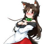  animal_ears bare_shoulders blush brown_hair collar dress fukaiton imaizumi_kagerou leash long_hair long_sleeves red_eyes simple_background solo tail touhou white_background wolf_ears wolf_tail 