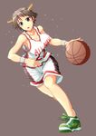  ball basketball basketball_uniform breasts brown_hair d-n grey_eyes gym_uniform hairband headgear hiei_(kantai_collection) highres kantai_collection large_breasts no_socks open_mouth sarashi shoes short_hair sneakers solo sportswear 