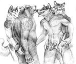  animal_genitalia balls bear blotch canine canine_penis claws erection eyes_closed fingering gay greyscale group hand_on_leg handjob knot male mammal monochrome nude open_mouth penis plain_background standing white_background wolf 