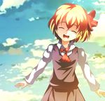  ascot blonde_hair bow closed_eyes cloud hair_ornament happy highres kotaroukuroo long_sleeves rumia shirt short_hair skirt smile solo touhou 