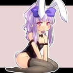  3.1-tan animal_ears black_legwear blush bow bowtie bunny_ears bunny_girl bunny_tail bunnysuit detached_collar flat_chest full_body hair_bow highres long_hair open_mouth os-tan ponytail purple_hair red_eyes solo tail thighhighs vallerg 