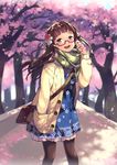  :d bag black_legwear brown_eyes brown_hair cardigan cherry_blossoms coat glasses hair_ornament hand_in_pocket highres karpin looking_at_viewer open_mouth original pantyhose red-framed_eyewear scarf shoulder_bag smile solo 