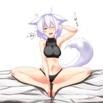  ahoge animal_ears armpits bare_arms bare_legs bare_shoulders barefoot bed black_panties blush breasts butterfly_sitting fang feet hand_on_own_head highres inubashiri_momiji karaage_(ta-na) large_breasts looking_at_viewer midriff navel no_shoes one_eye_closed panties red_eyes saliva short_hair silver_hair sitting sleeveless sleeveless_turtleneck solo tail touhou translated turtleneck underwear wolf_ears wolf_tail 
