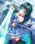  aqua_hair armor armored_dress belt black_legwear blue_dress blue_eyes breasts brick_wall brooch building choker cleavage cleavage_cutout crown dress dutch_angle elbow_gloves faulds foreshortening frilled_skirt frills gauntlets gloves holding holding_sword holding_weapon jewelry leg_up looking_at_viewer medium_breasts midriff navel original skirt solo sword thighhighs weapon yamaishi_nohi zettai_ryouiki 