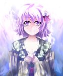  breasts cleavage flower hair_flower hair_ornament hands_together hieda_no_akyuu highres japanese_clothes kimono kotaroukuroo long_sleeves looking_at_viewer medium_breasts purple_eyes purple_hair smile solo touhou wide_sleeves 