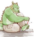  biceps chinese_dragon chubby clothing dragon fangs father garouzuki green_dragon green_skin hair male morenatsu musclegut muscles pants parent plain_background scalie sitting solo tappei topless unknown_artist 