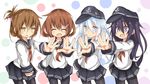  akatsuki_(kantai_collection) anchor_symbol beize_(garbage) black_hair black_legwear blue_eyes blush brown_hair fang folded_ponytail hat hibiki_(kantai_collection) highres ikazuchi_(kantai_collection) inazuma_(kantai_collection) jewelry kantai_collection long_hair multiple_girls neckerchief open_mouth pantyhose polygamy red_neckwear ring school_uniform serafuku short_hair skirt smile wedding_band yellow_eyes 