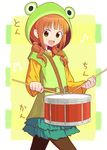  brown_hair drum drumsticks green_eyes hiboshi_daizu highres hood idolmaster idolmaster_(classic) instrument md5_mismatch pantyhose smile solo takatsuki_yayoi twintails 