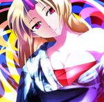  blonde_hair breasts cleavage horn hoshiguma_yuugi hoshiguma_yuugi_(promo) japanese_clothes kimono kotaroukuroo long_hair looking_at_viewer medium_breasts open_mouth red_eyes solo teeth touhou 