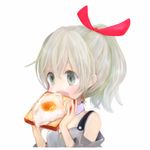  1girl bare_shoulders eating food green_eyes holding mari_(marixrian) open_mouth ponytail profile ribbon sandwich simple_background solo white_hair 