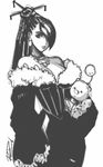  bare_shoulders breasts cleavage doll final_fantasy final_fantasy_x greyscale hair_ornament hair_over_one_eye hair_stick hand_on_hip high_ponytail highres jewelry large_breasts long_hair lulu_(ff10) monochrome moogle necklace robert_porter sketch solo 