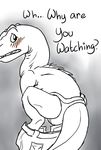  blush bulge dinosaur embarrassed english_text feral looking_back male raptor scalie solo text thick_tail underwear undressing voyeur 